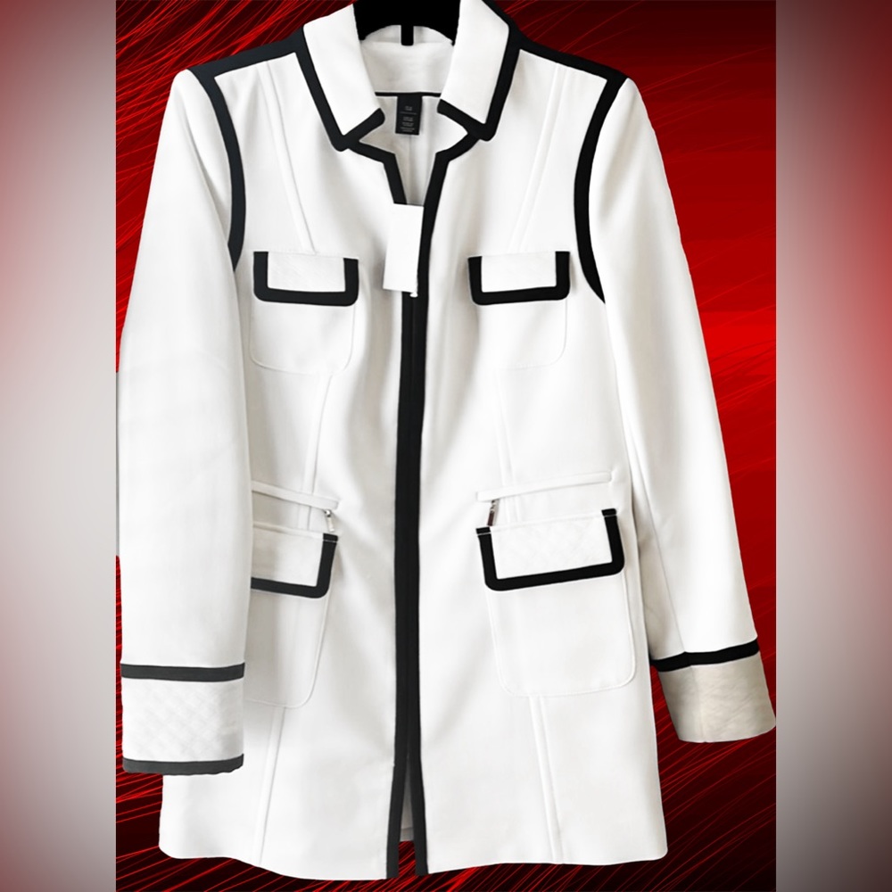 white house black market long white jacket with black trim. USED. No tags.